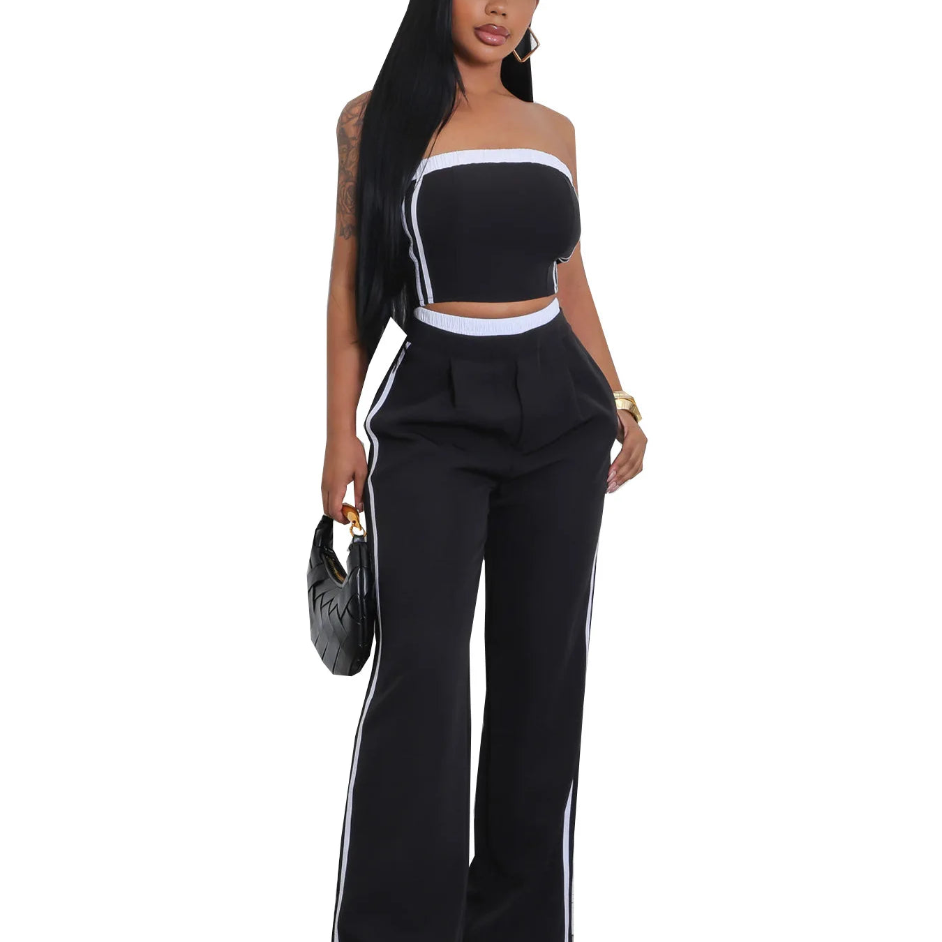2025 Women's Set Sleeveless Ribbon Strapless Tops + Wide Leg Pants Fitness Streetwear Two 2 Piece Sets Outfits Tracksuit Black