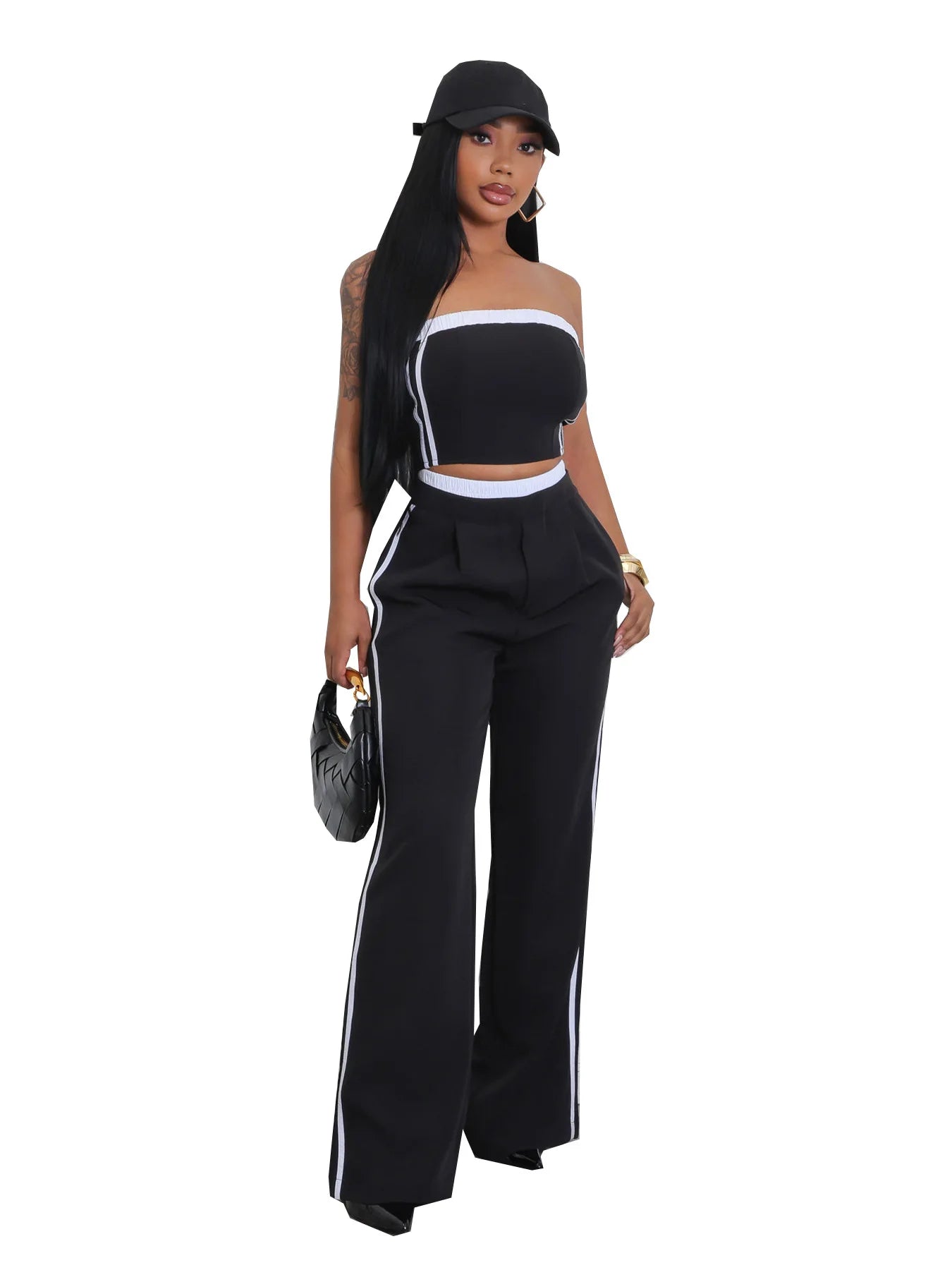 2025 Women's Set Sleeveless Ribbon Strapless Tops + Wide Leg Pants Fitness Streetwear Two 2 Piece Sets Outfits Tracksuit Black