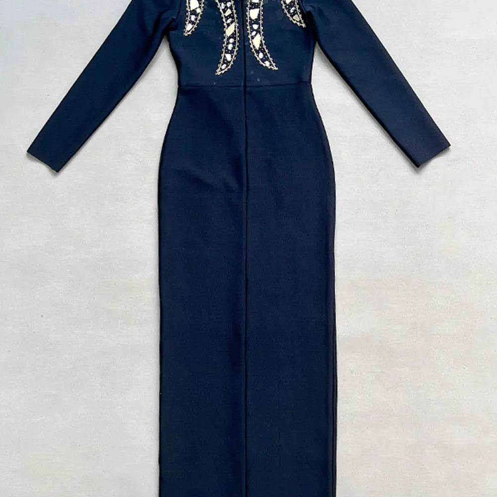 2024 Women's Heavy Industry Nail Bead Design Bandage Dress V-neck Long Sleeve Bodycon Split Length Dresses Club Party Vestido