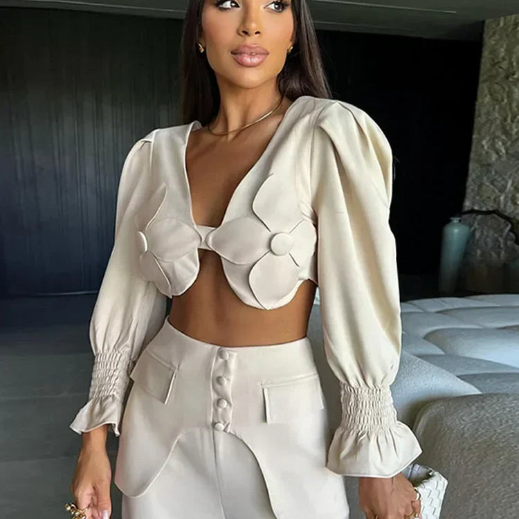 Sexy Flare Sleeve Blouse & Trouser Set Women Chic V Neck Backless Crop Top High Waist Wide Leg Pants Suit Spring Outfits