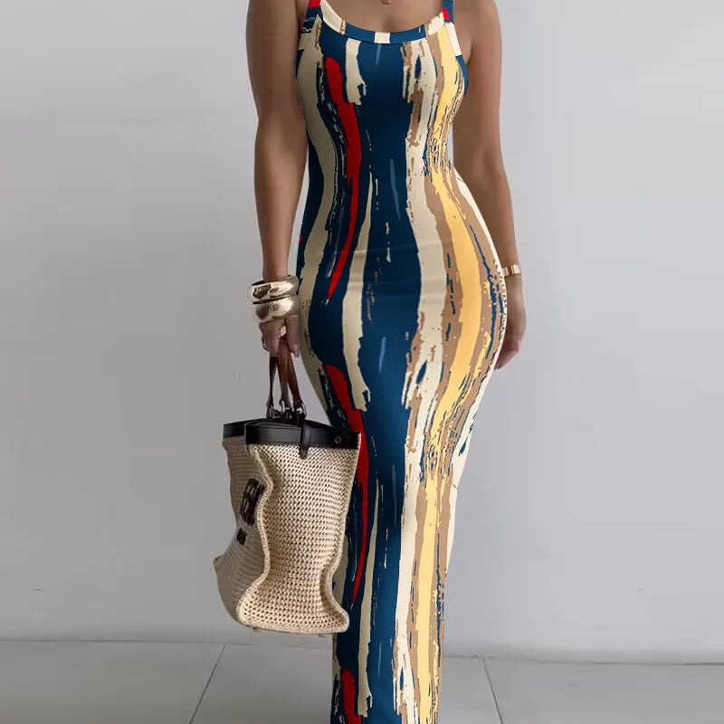 CM.YAYA Summer Women Sleeveless Strap O-neck Sexy 2024 Summer Long Evening Dress Knit Ribbon Night Club Party Maxi Dresses as picture