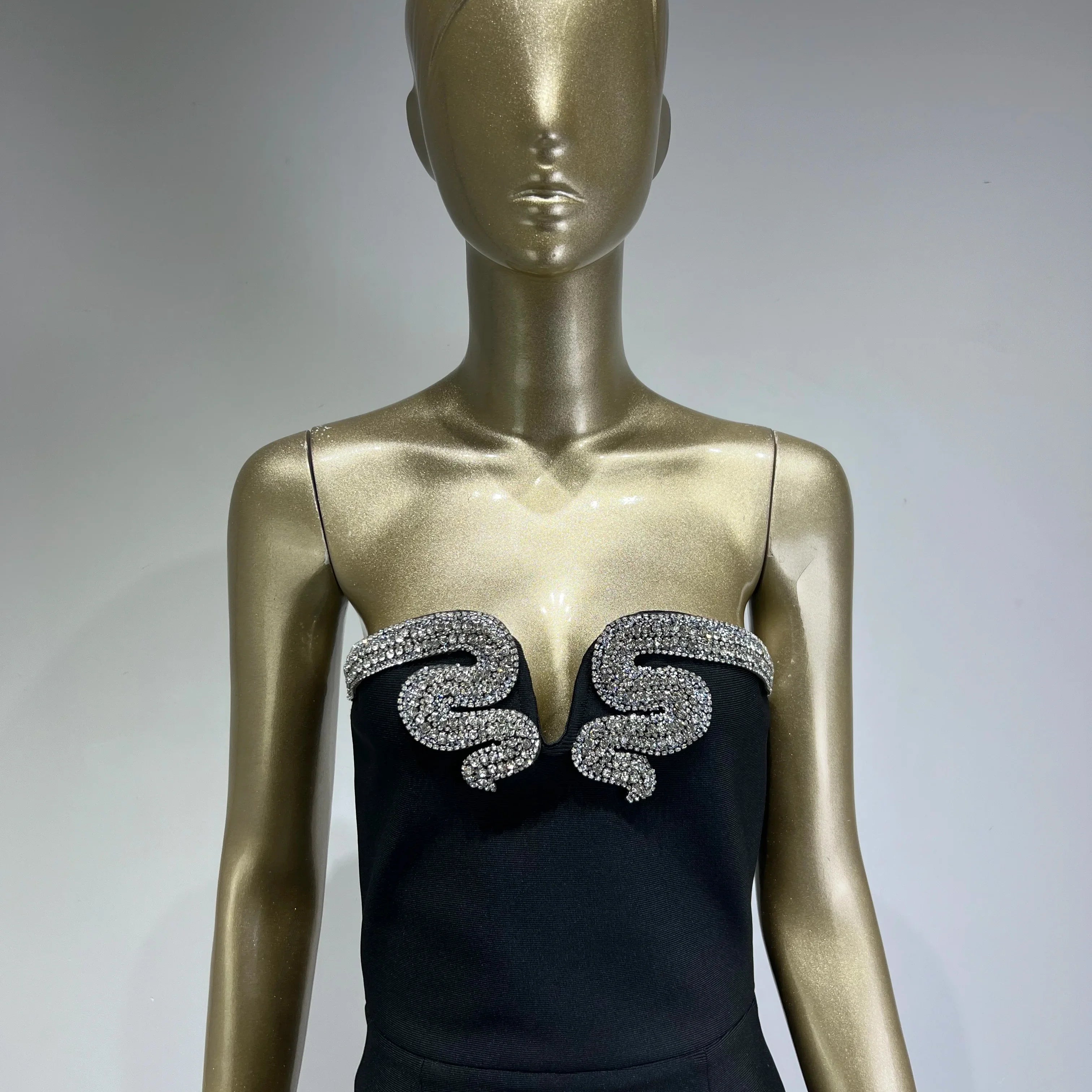 Women Celebrity Sexy Strapless Backless Diamonds Black Maxi Long Bodycon Bandage Dress Elegant Evening Club Party Dress