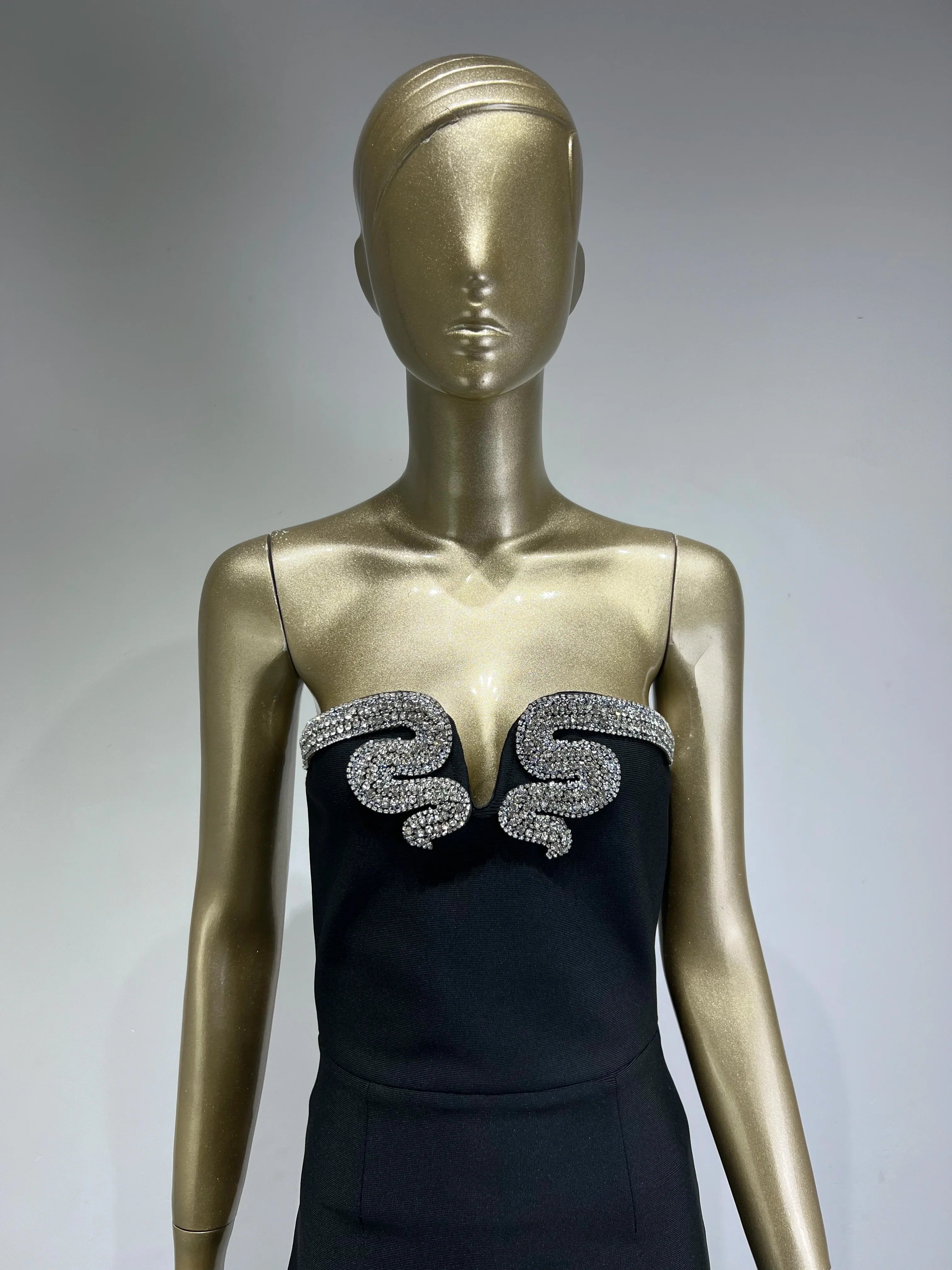 Women Celebrity Sexy Strapless Backless Diamonds Black Maxi Long Bodycon Bandage Dress Elegant Evening Club Party Dress