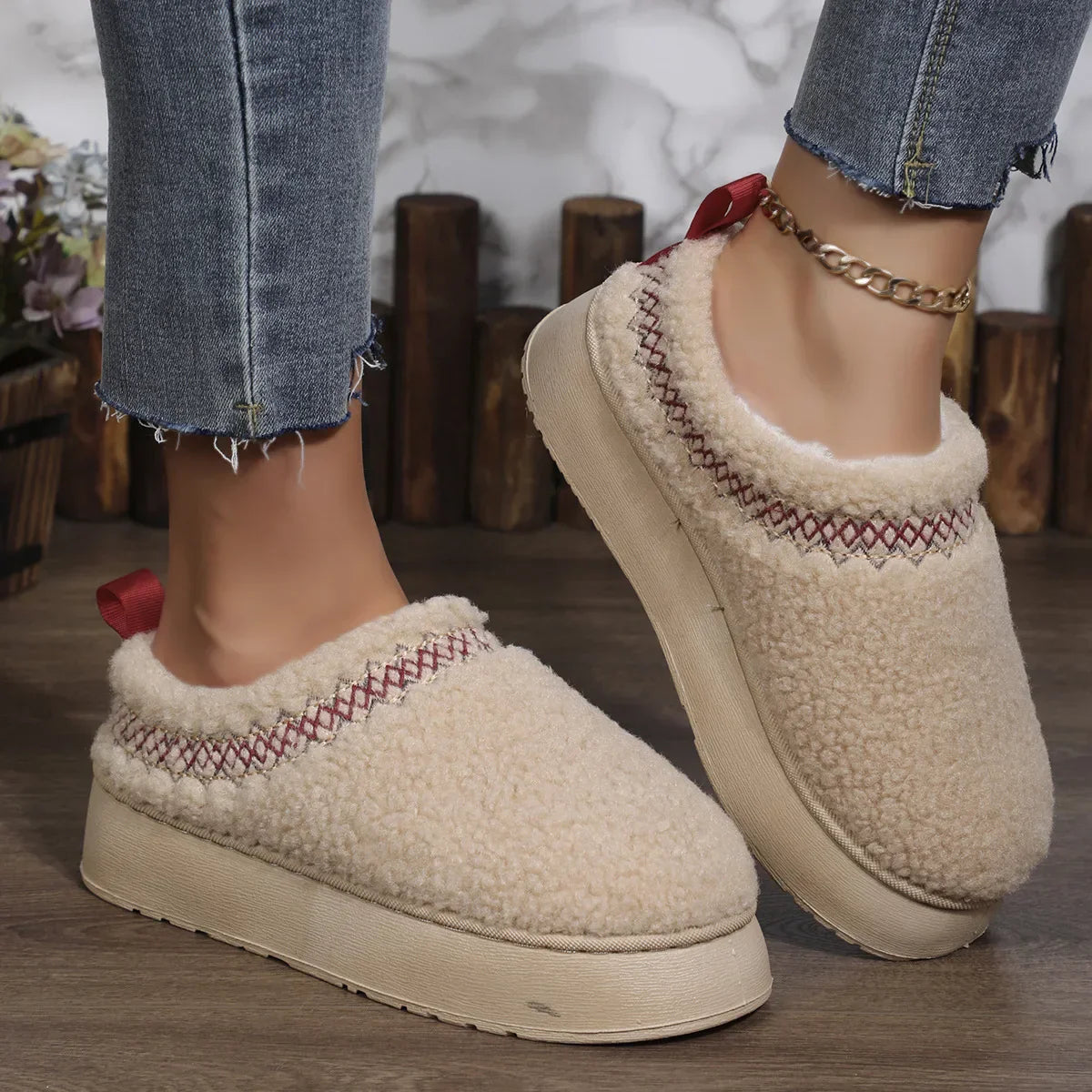 Winter Warm Flat Fur Slippers Women Fluffy Furry Home Slides Woman Comfort Non Slip Indoor Floor Cotton Shoes Snow Boots beige
