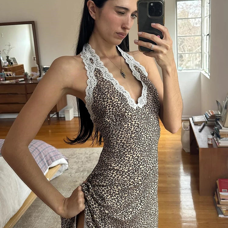 Mozision Leopard Print Backless Sexy Mini Dress For Woman Robe Contrast Color Halter Deep V Neck Sleeveless A-line Club Dress