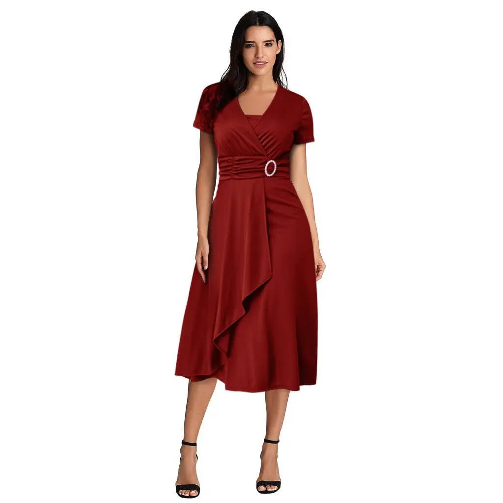 Elegant Women Solid Color Short Sleeve V Neck Asymmetric Hem Waist Tight Midi Party Dress Ladies Evening Vestidos DF4916 red