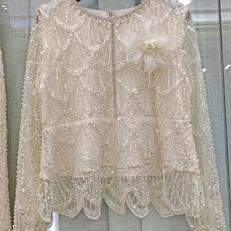 Spliced Bead Luxurious Two Piece Sets for Women Round Neck Long Sleeve Patchwork 3D Flower Top Skirt Set Female New