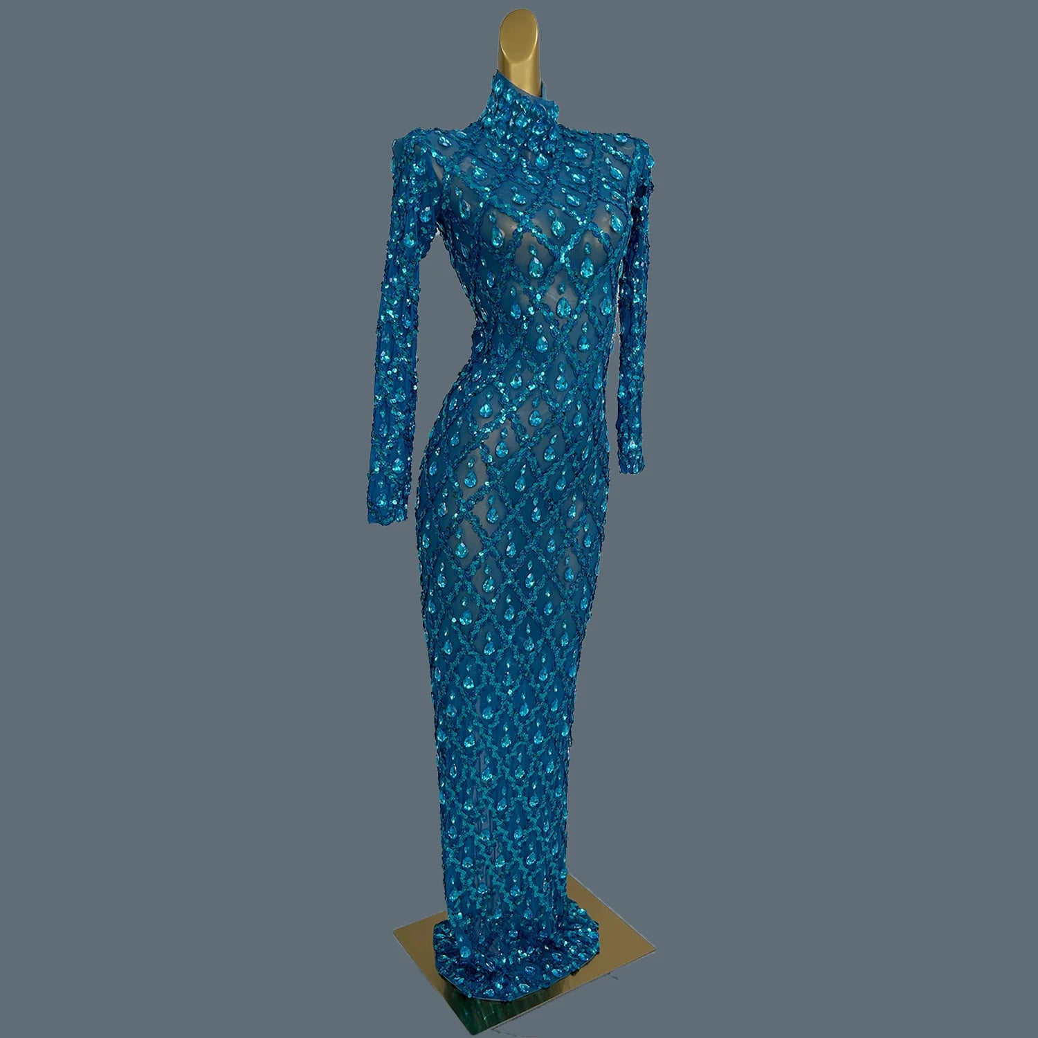 Sparkly Rhinestone Long Sleeved Mesh Dress Luxury Dinner Birthday Celebrate Prom Elegant Sexy Women Skinny Ball Dress Shaokaojia