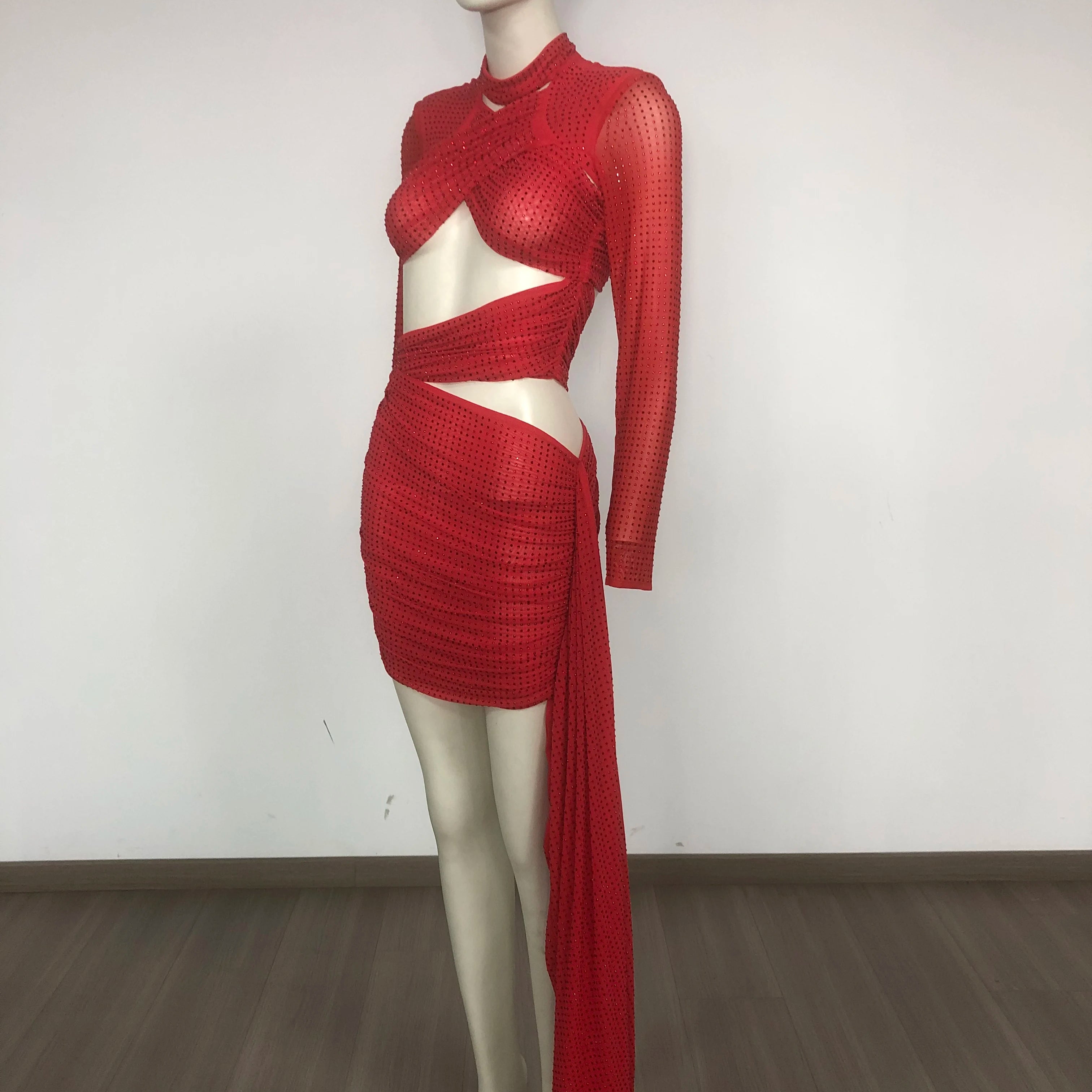 Shinning Rhinestones Women Long Sleeve Sexy Cross Keyholes Bodycon Mini Dress Celebrity Gashion Red Carpet Birthday Outfit