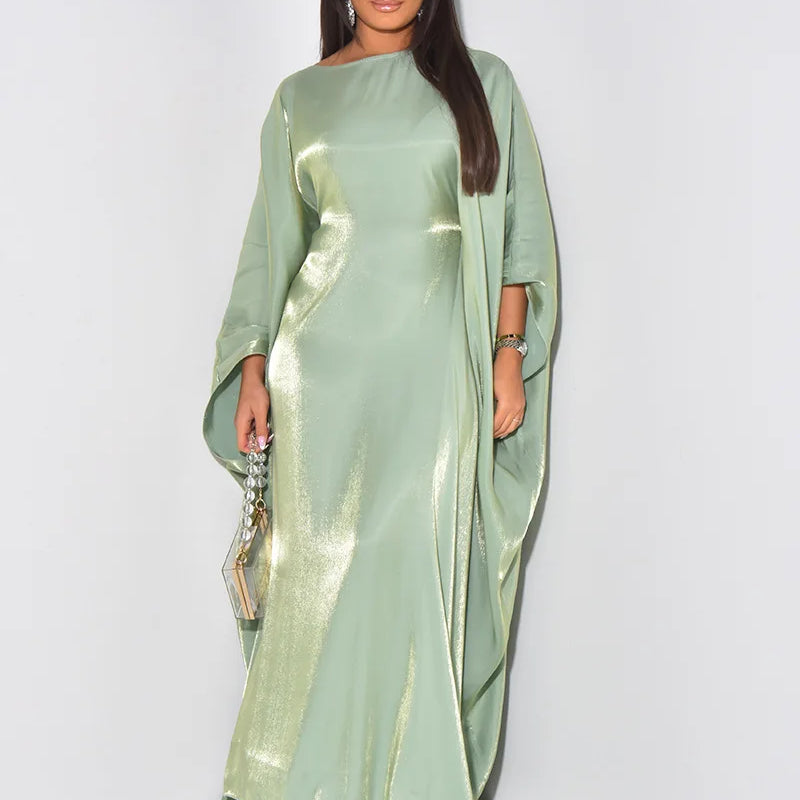 Women Loose O-neck Full Batwing Sleeve Long Maxi Dress Summer Satin Vintage Africa Streetwear Vestido Evening Dresses