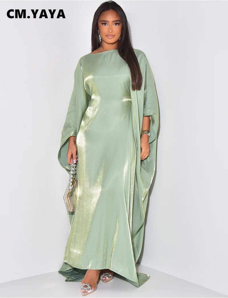 Women Loose O-neck Full Batwing Sleeve Long Maxi Dress Summer Satin Vintage Africa Streetwear Vestido Evening Dresses