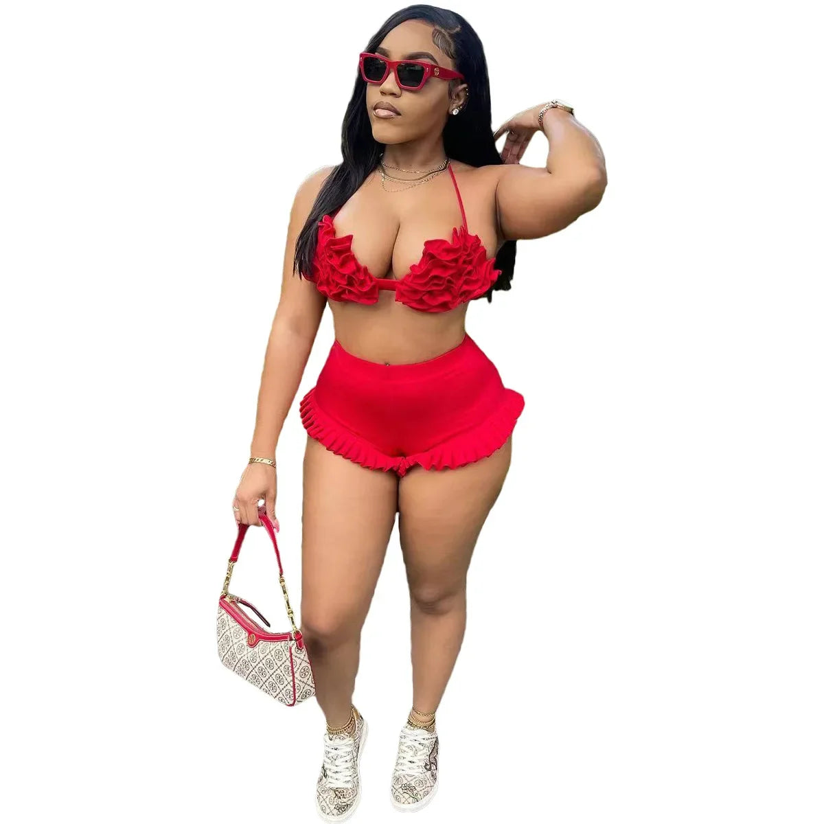 Women's Set Ruffles Crop Top Bra and Shorts Bikini Set Streetwear Casual Two 2 Piece Outfits Summer 2024 Beach Holiday Red