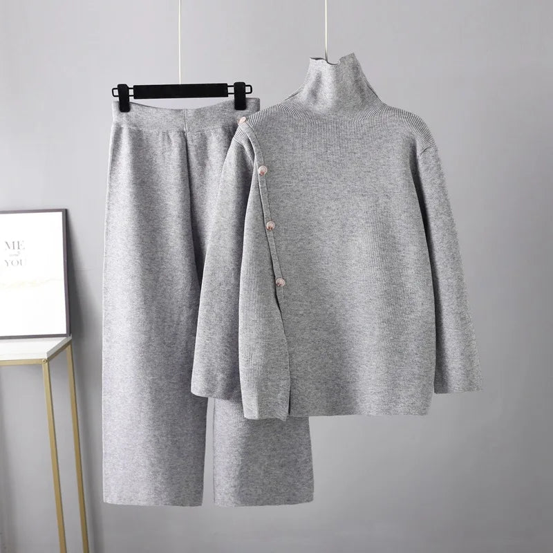 Split Knit High Neck Sweater for Women's Winter Warmth Reduction Casual Wide Leg Pants Two-piece Set GRAY One Size