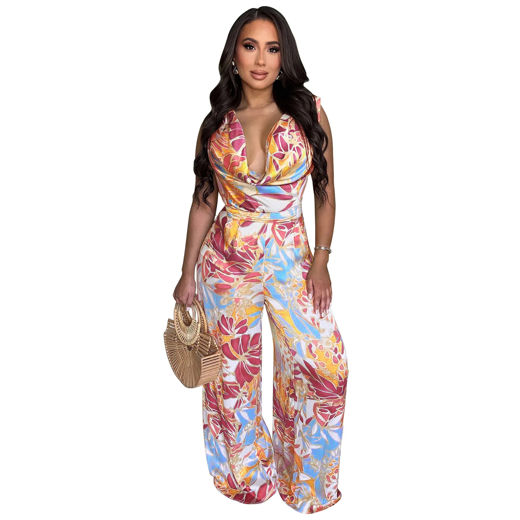 Leaf Printed Women Wide Leg Pile Neck Sleeveless Satin Jumpsuits 2025 Summer Beach Club Playsuit One Piece Suit Romper Red