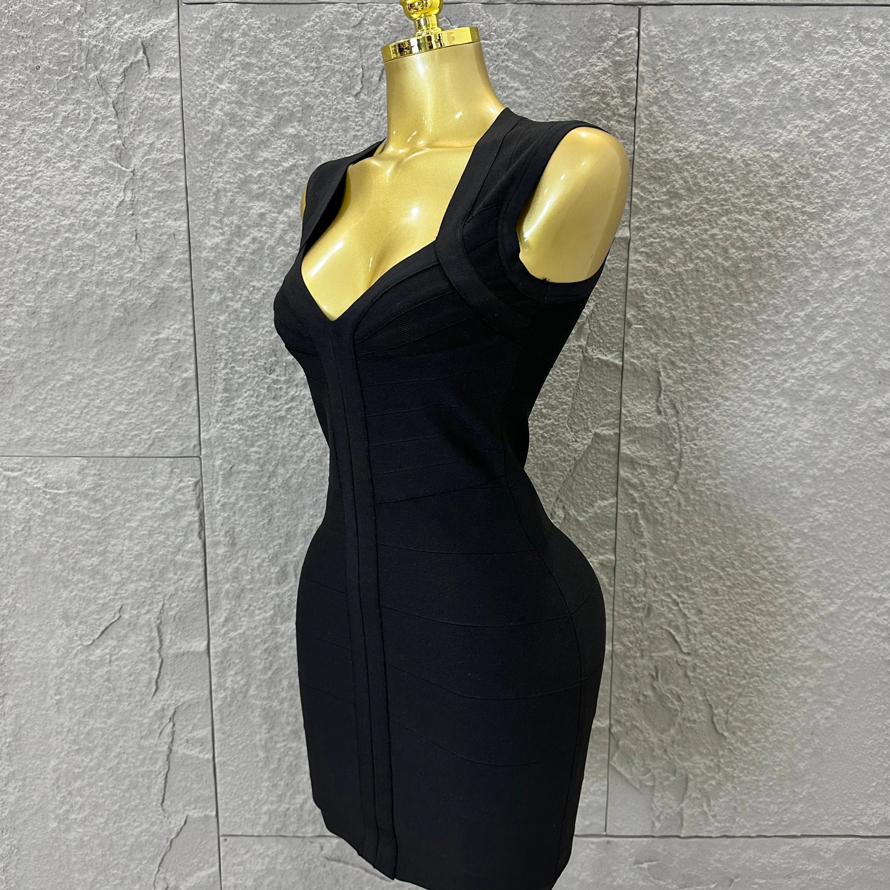 2026 Women Elegant Black Sleeveless Mini Dress Women Sexy Deep V Neck Bandage Form-Fitting Outfit Cocktail Party Costume
