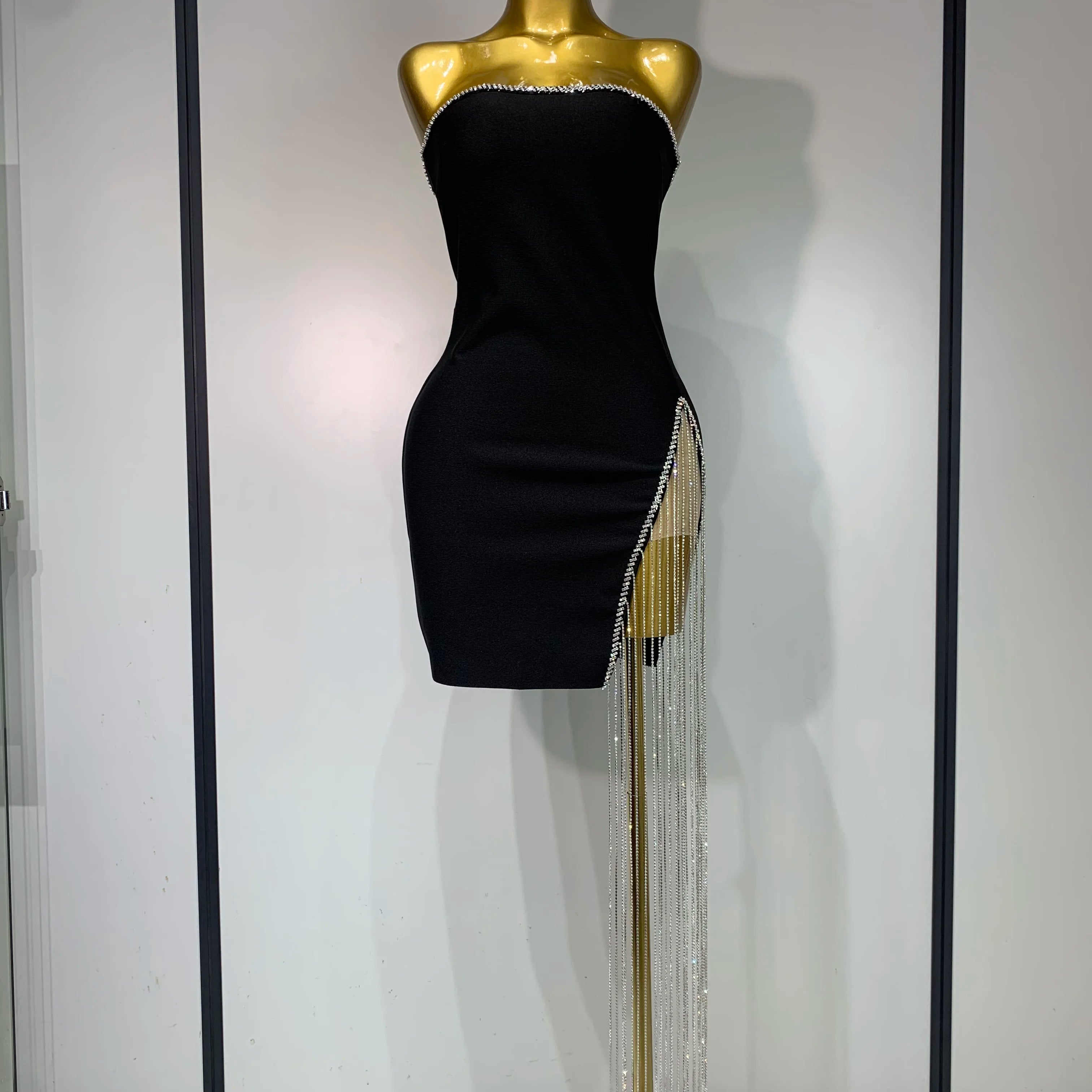 Women Celebrity Sexy Strapless Backless Black Diamond Tassels Mini Bodycon Bandage Dress 2025 Elegant Evening Club Party Dresses black