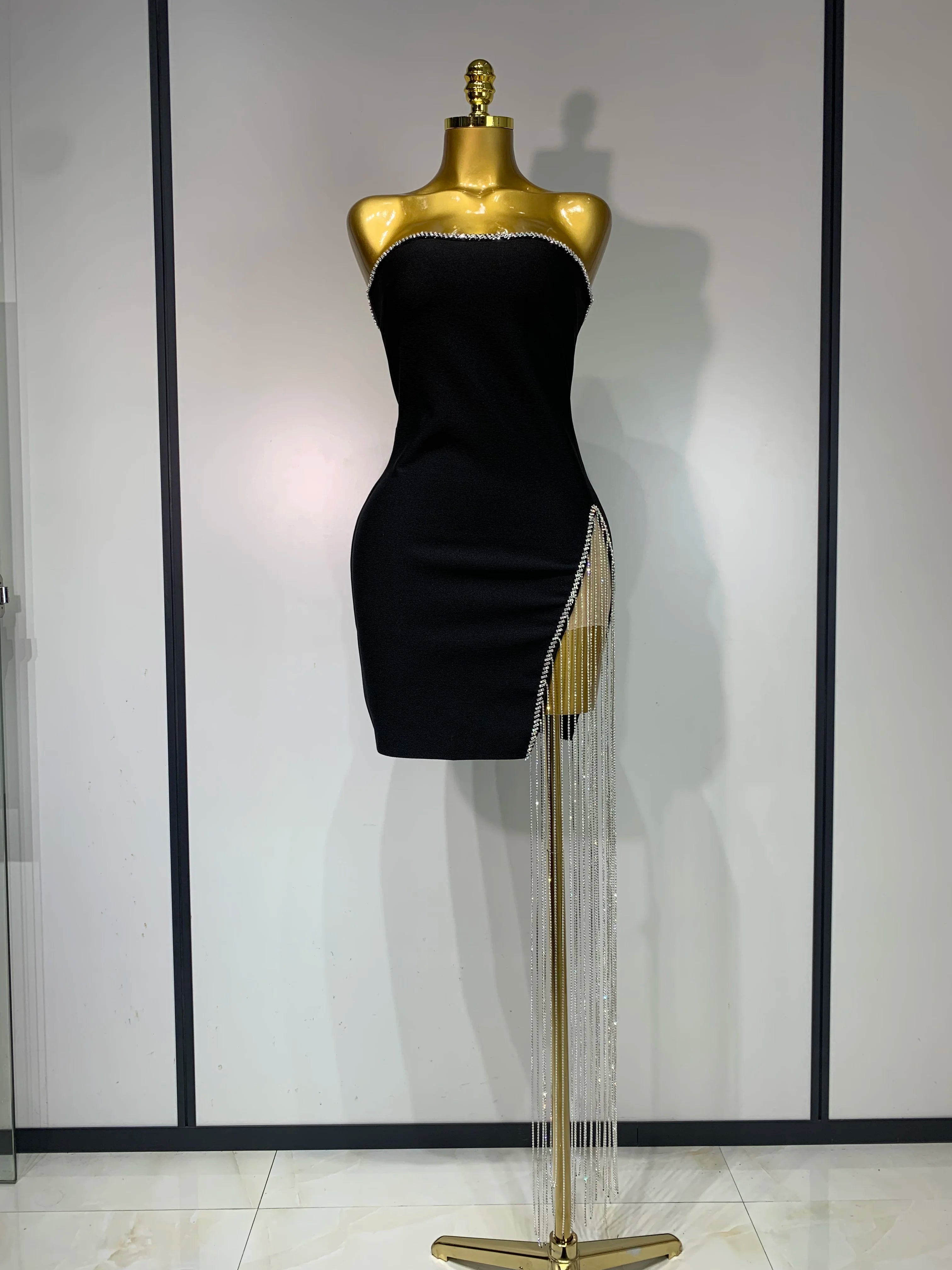 Women Celebrity Sexy Strapless Backless Black Diamond Tassels Mini Bodycon Bandage Dress 2025 Elegant Evening Club Party Dresses black