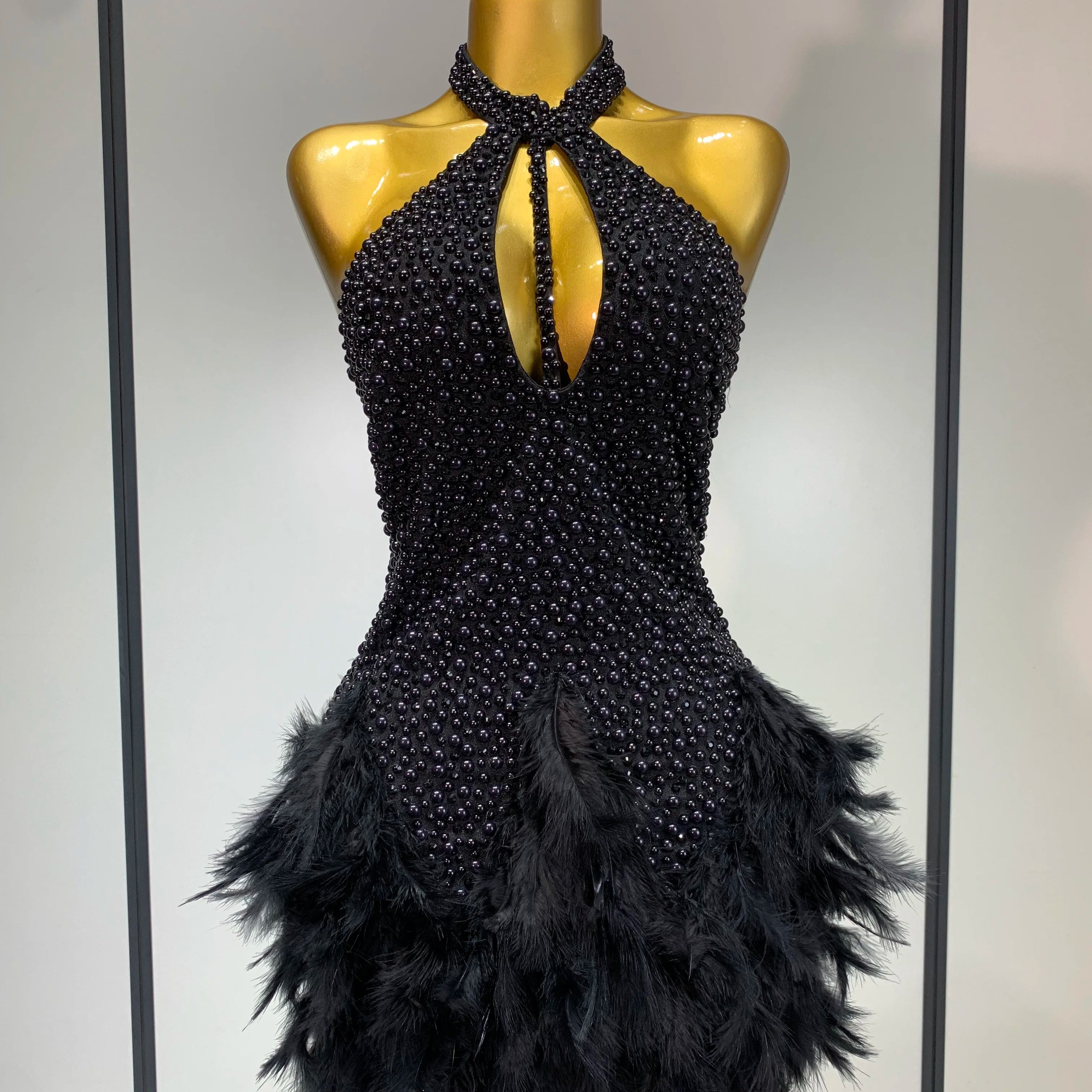 Sexy Backless Feathers Performance Costume Stage Dancer Black Mini Stretchy Nightclub Luxury Birthday Evening Party Dresses Black