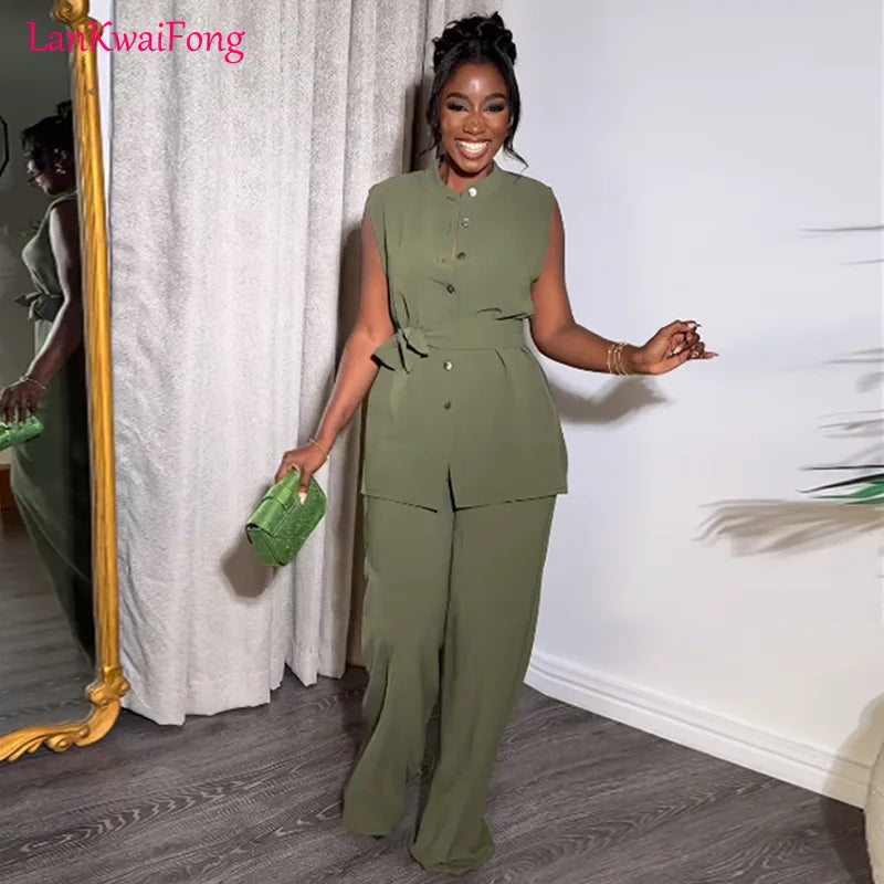 LKF Summer Commuter Casual Women's Set Stand up Collar Buckle Sleeveless Waist Tie Up Top Loose Pants 2-piece Set Wholesale