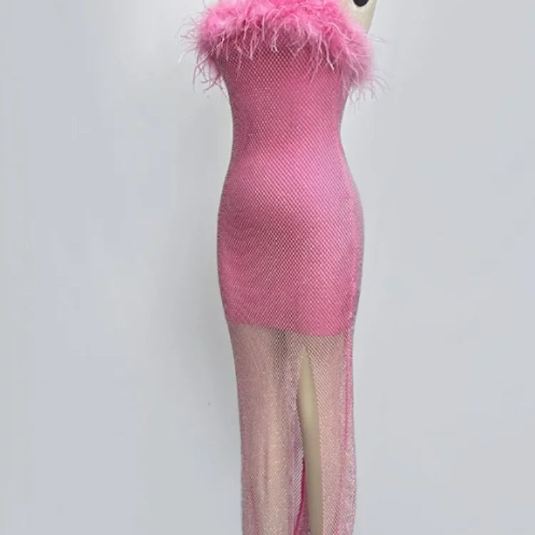 Women Sexy Strapless Ostrich Feathers Pink Crystal Bodycon Bandage Dress 2024 High Street Shineing Split Party Dress Vestido
