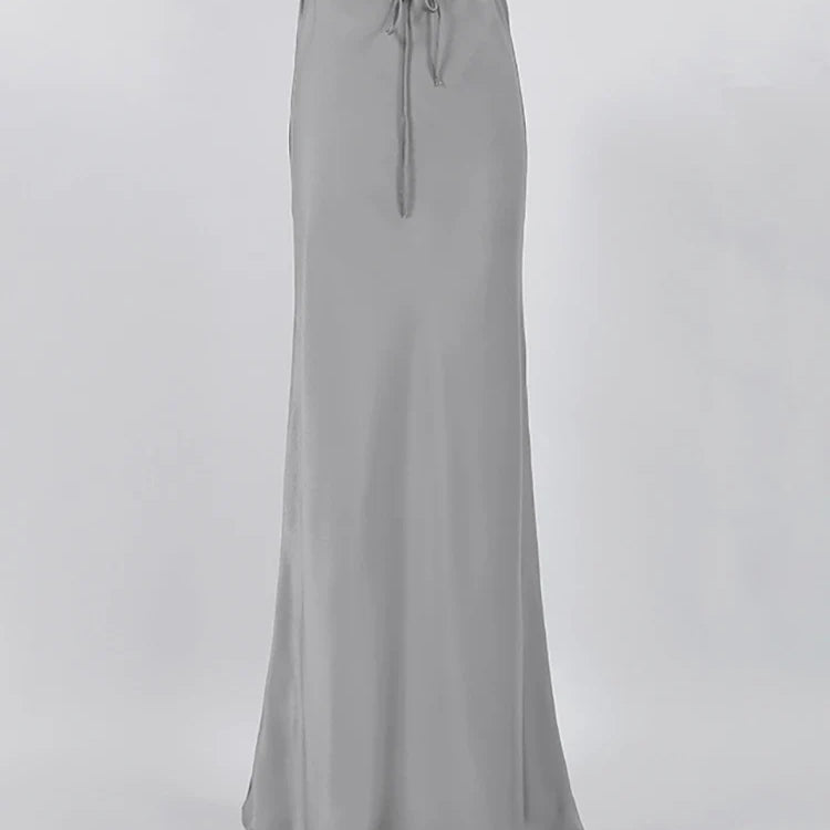 Mnealways18 Gray Drawstring Mermaid Satin Skirts Women Spring Summer Silky Ankle-Length Skirts Office Ladies Midi Skirts Gray