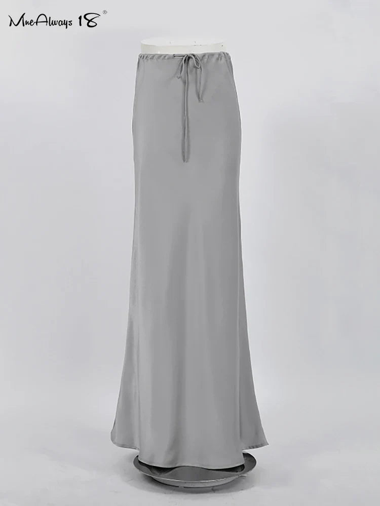 Mnealways18 Gray Drawstring Mermaid Satin Skirts Women Spring Summer Silky Ankle-Length Skirts Office Ladies Midi Skirts Gray