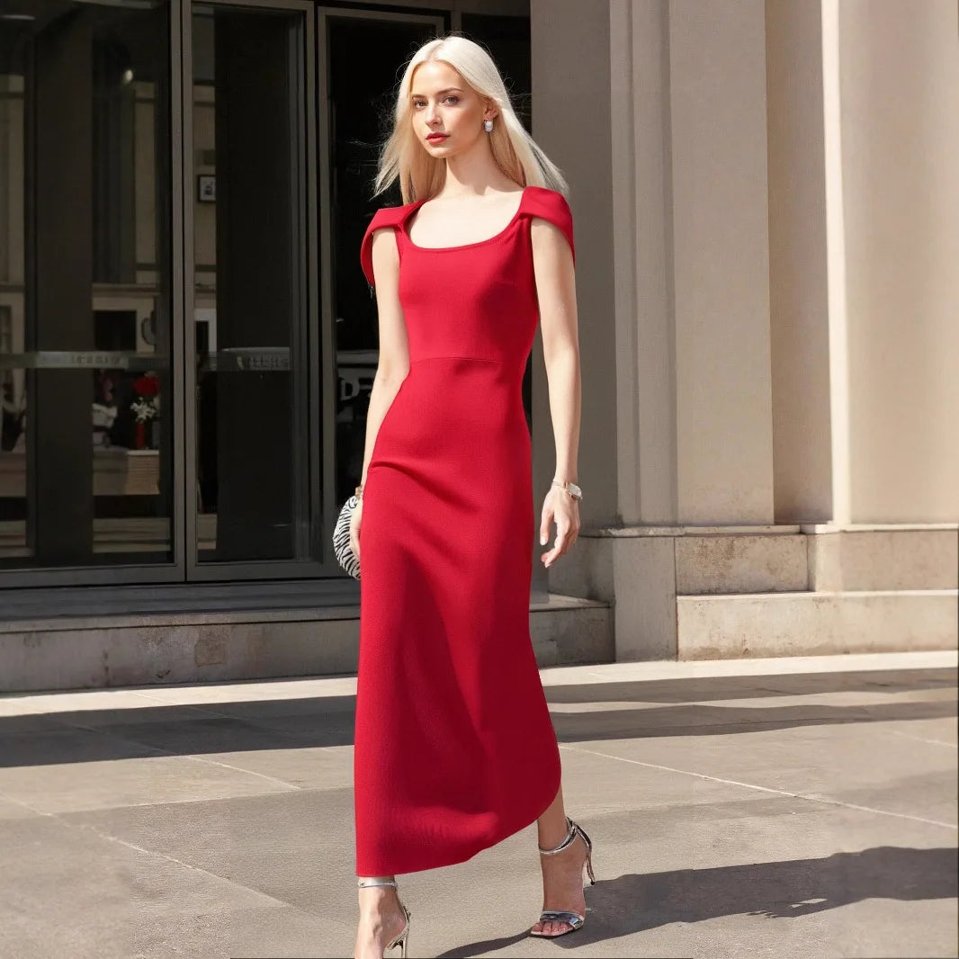 Red Color Women Sexy Square Collar Short Sleeve Bodycon Long Bandage Dress Evening Party Celebrate Wedding Outfit