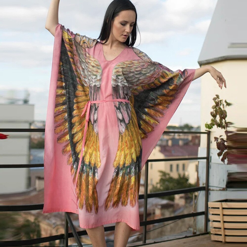 Wings Cover-ups Beach Long Boho Kaftan Dress Kimono Mujer Pareos De Playa XF84 One Size