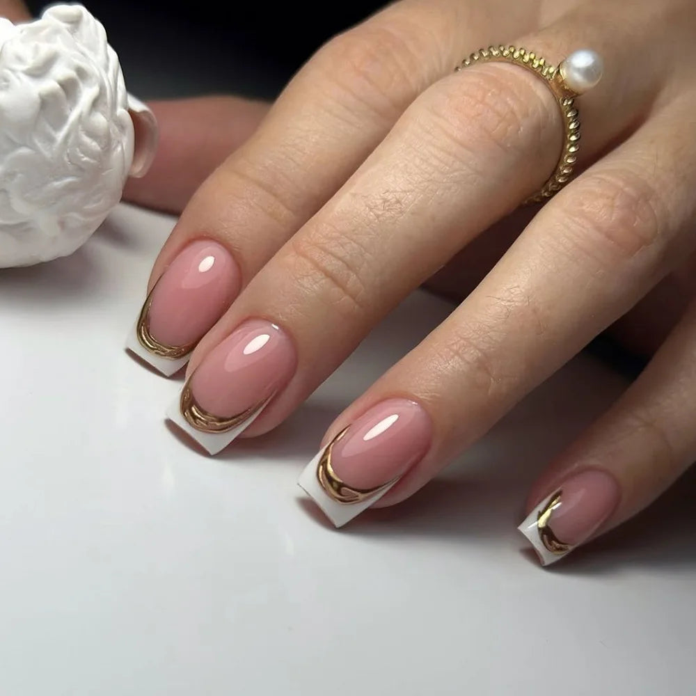 24Pcs Golden Lines Design Fake Nails Short Square Head Press on False Nails Double-layer French Reusable Full Cover Nail Tips 061