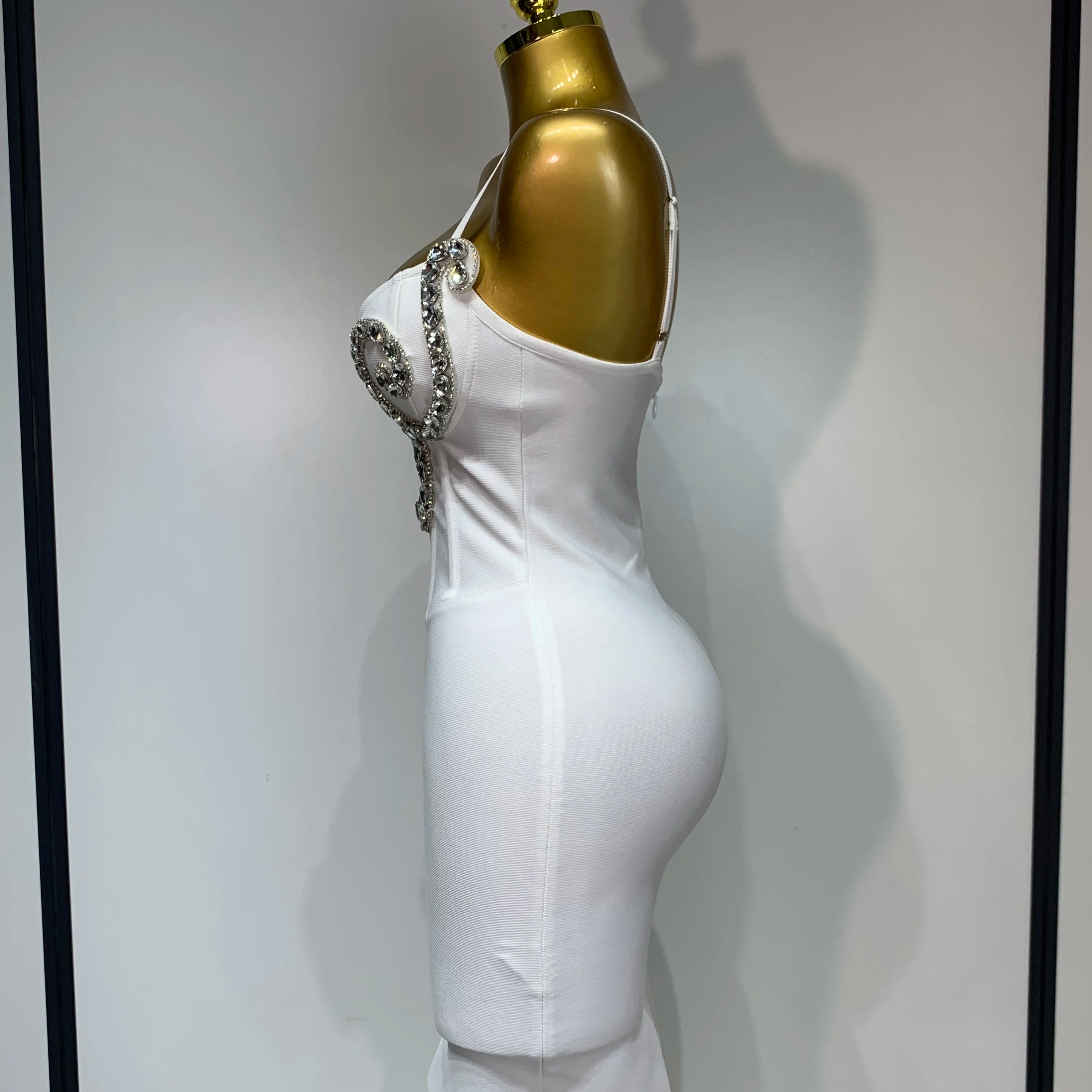 Women Sexy Spaghetti Strap V Neck Crystal Sleeveless Bandage Dress White Elegant Evening Party Cocktail Luxury Birthday Gowns