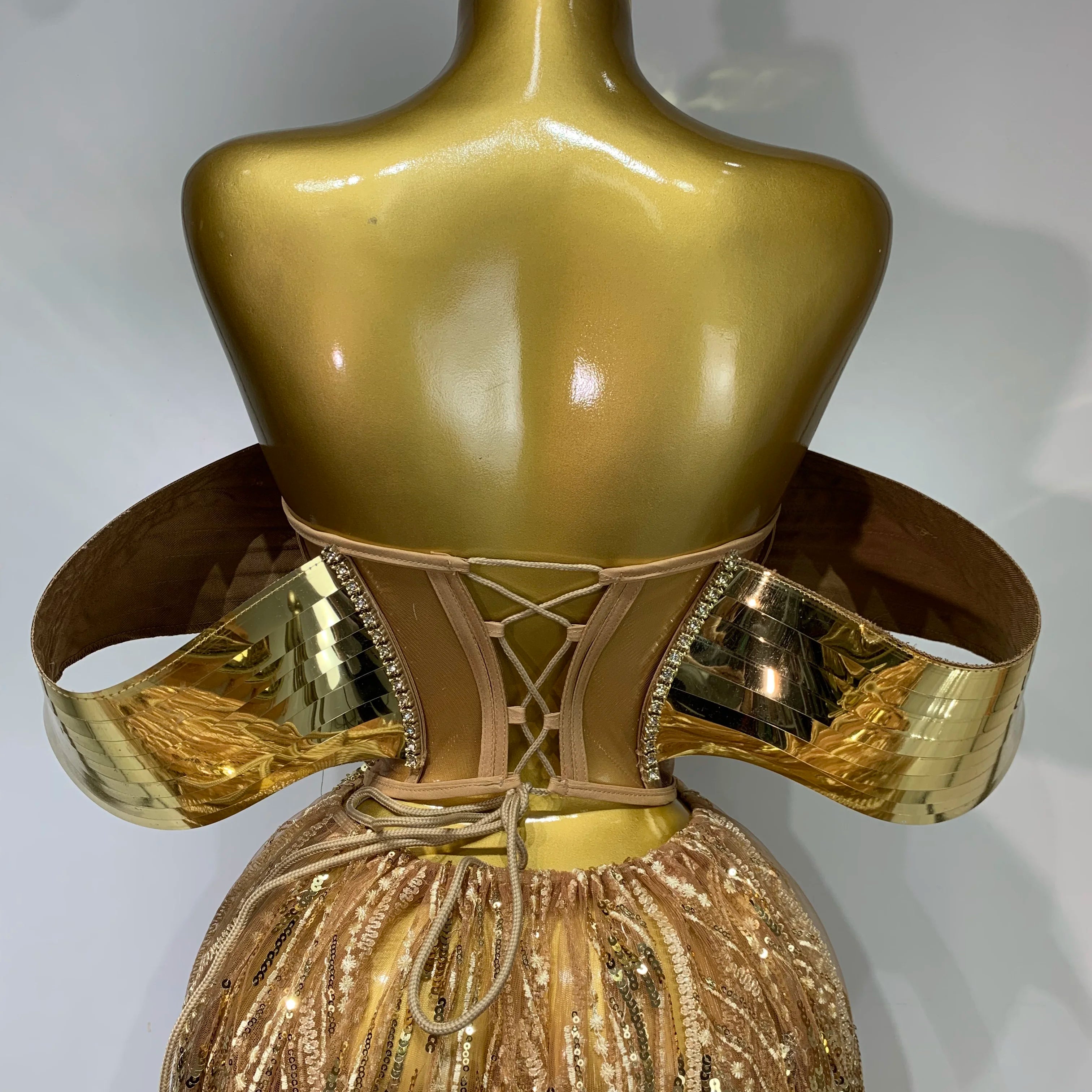 Sparkly Gold Long Dress Luxury Rhinestone Sequins See Thourgh Birthday Gown Sexy Off Shoulder Performance Singer Costume