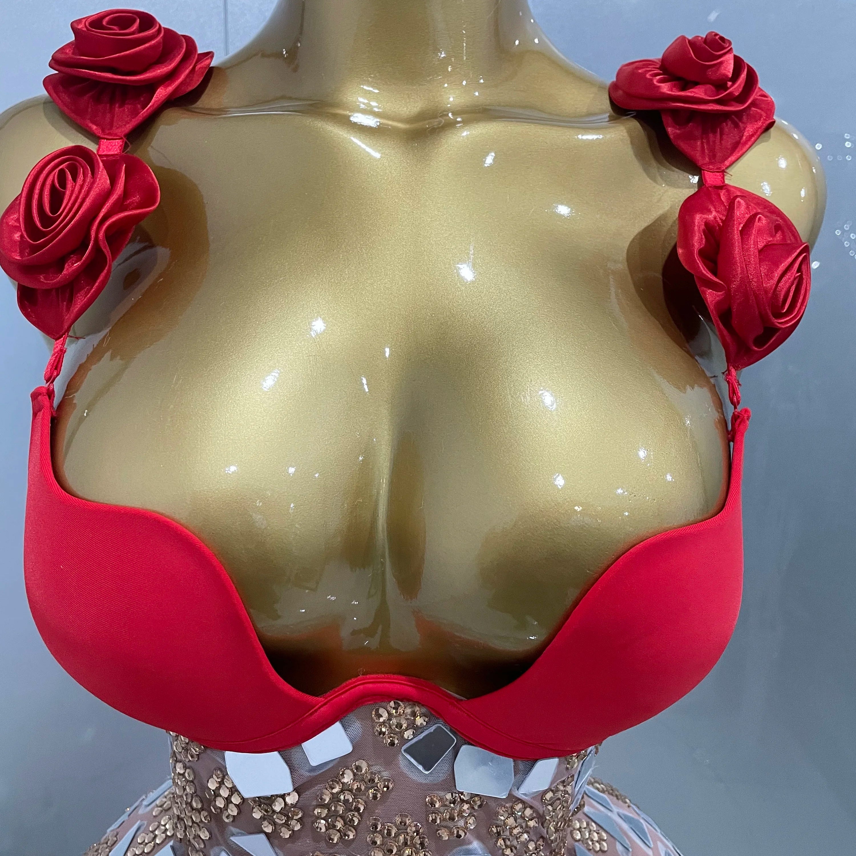 Sexy Sparkly Rhinestones Mesh Mirrors Red Roses Long Dress 2025 New Women Elegant Evening Party Club Stage performance Costume