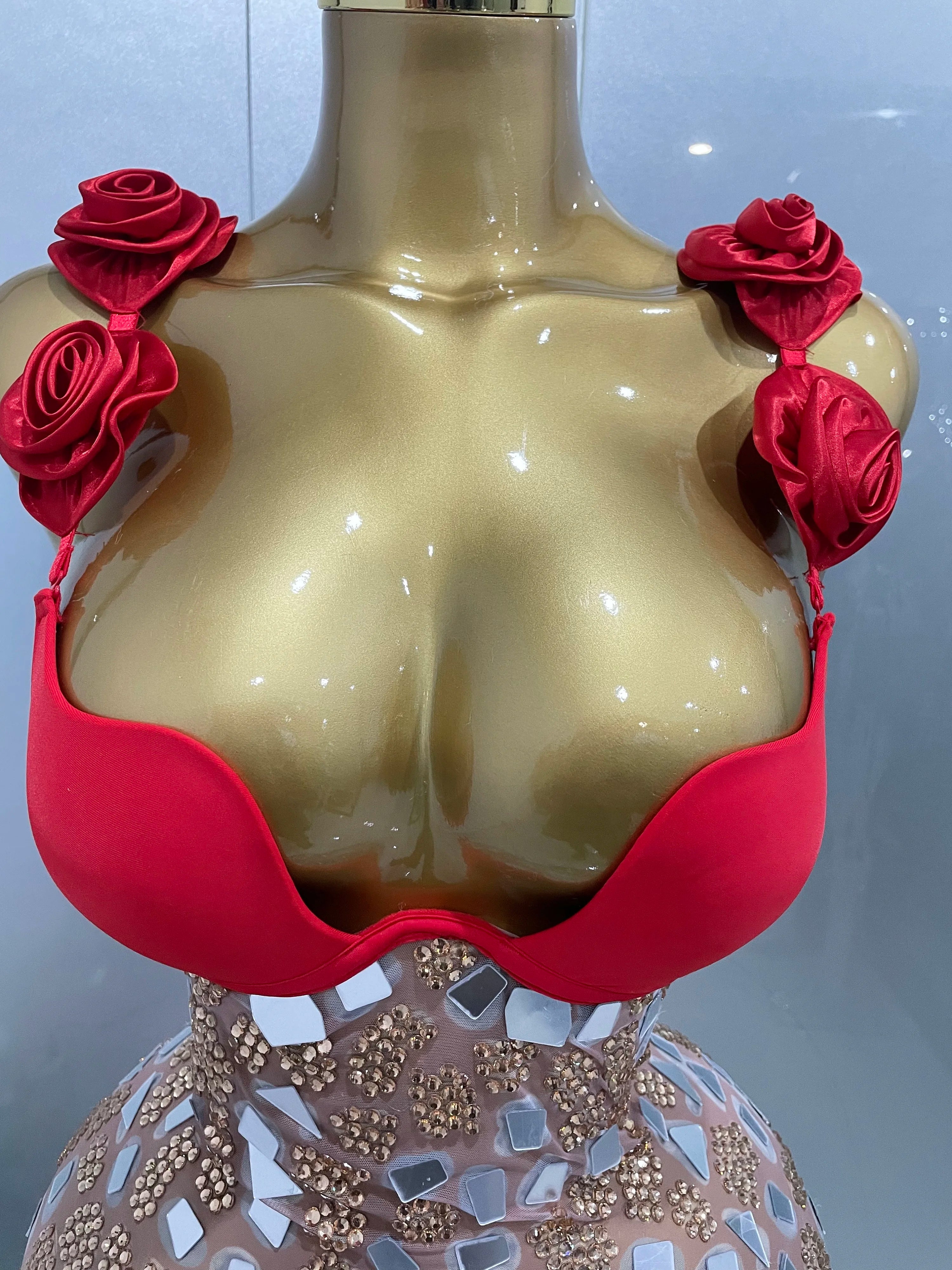 Sexy Sparkly Rhinestones Mesh Mirrors Red Roses Long Dress 2025 New Women Elegant Evening Party Club Stage performance Costume