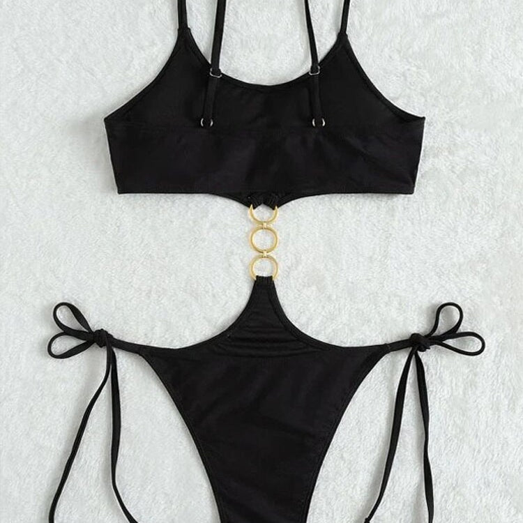 Sexy Black Strapped Swimwear - High Cut Push UP One Piece Swimsuit Monokini Backless Hollow Bathing Suit