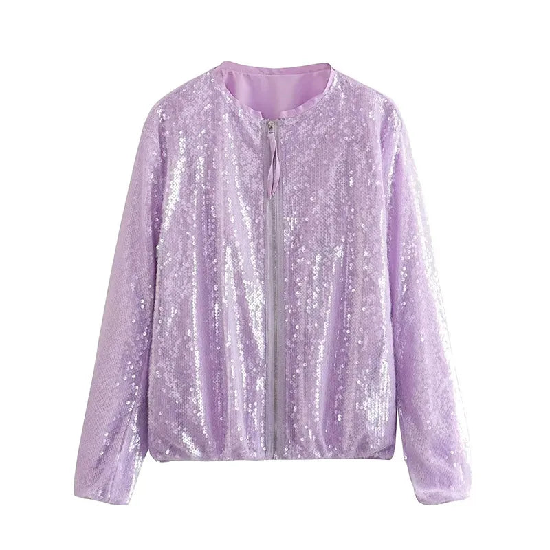 Sequin Women Coat Gold Long Sleeve Stand Collar Gold Female Jacket Autumn Winter Fashion Single Breasted Party Lady Outwear 03 violet