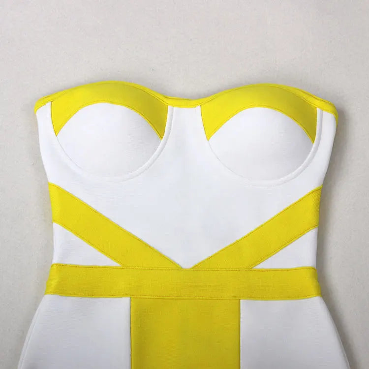 2024 Sexy Women'S Yellow Striped Patchwork White Bandage Dress Strapless Sleeveless Backless Bodycon Mini Dresses Party Vestidos