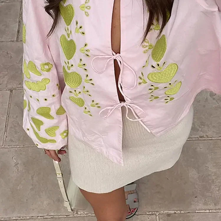 Women Casual Print Lace Up Long Sleeves Shirt Elegant Lady Loose Puff Sleeve Top Spring Fashion Female Commute Streetwear