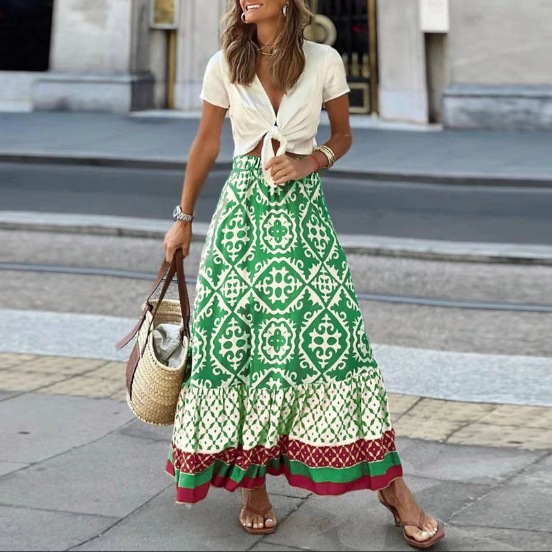 Women's Fashion Skirt 2024 Summer New Commute Geometric Pattern Printing Ruffle Sleeve Loose Stitching Large Swing Women’s Skirt Grass Green