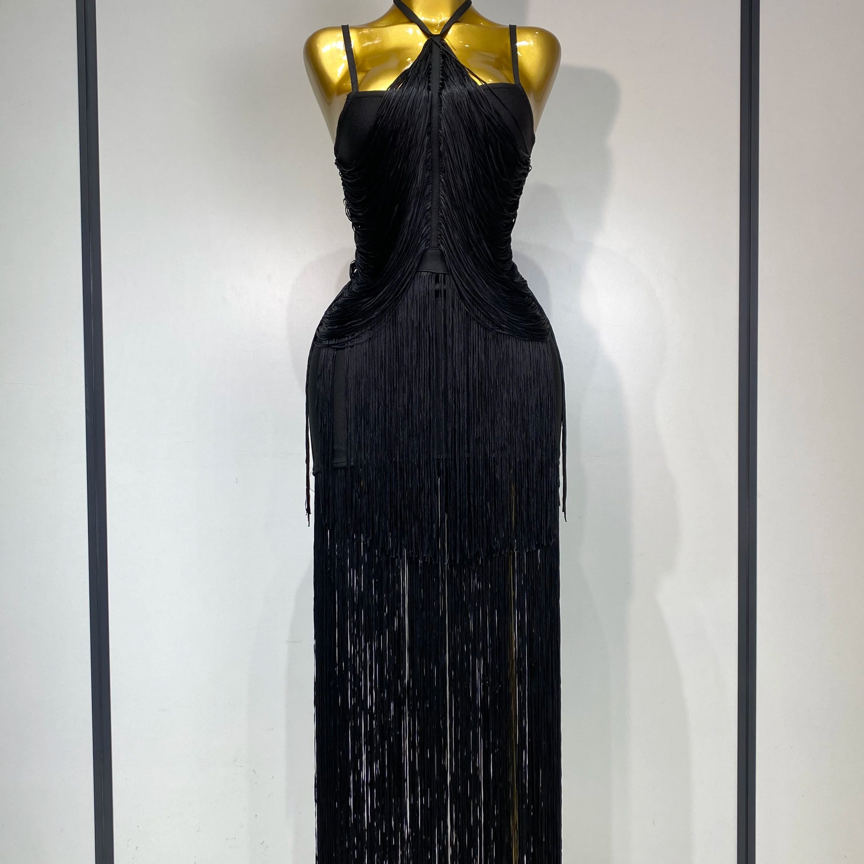 Women Sexy Backless Tassel Black Ankle Bodycon Bandage Dress 2025 Celebrity Elegant Evening Club Luxury Birthday Party Dresses black