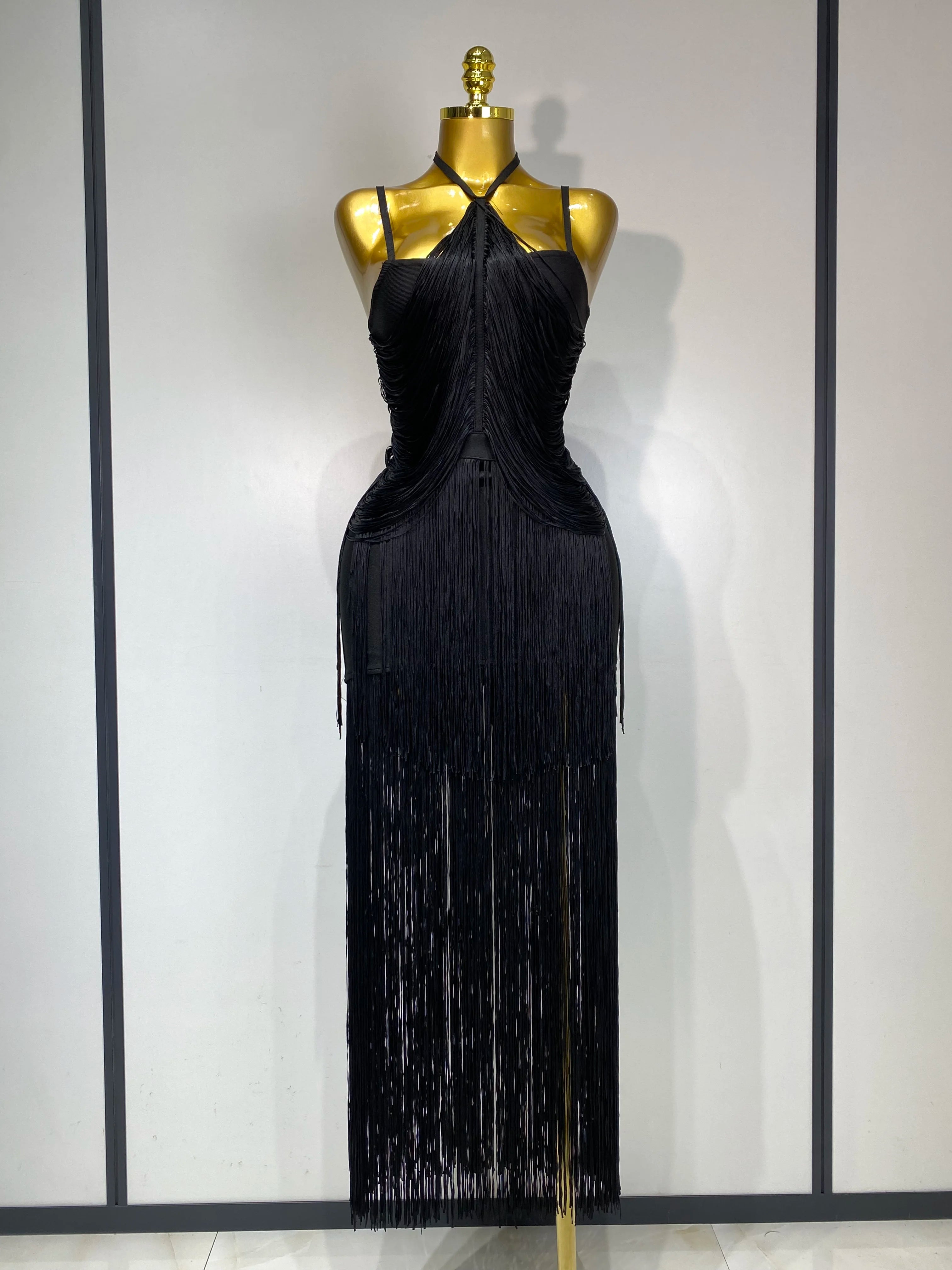 Women Sexy Backless Tassel Black Ankle Bodycon Bandage Dress 2025 Celebrity Elegant Evening Club Luxury Birthday Party Dresses black