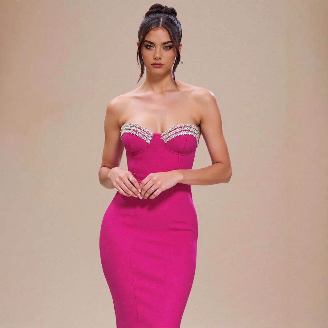 Rosered Color Women Sexy Strapless Shinning Crystal Bodycon Bandage Mid-calf Dress Nightclub Party Celebrate Birthday Outfit