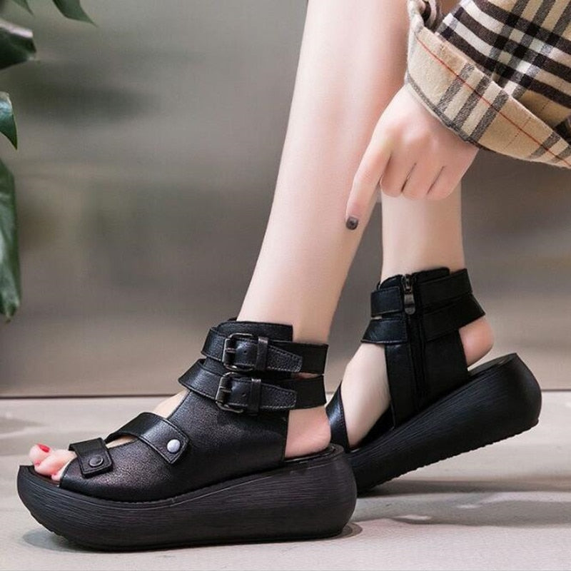 Women Summer Sandals Mid Heels Wedges Shoes Ladies Vintage Leather Plus Size 40 Sandalias Mujer Sapato Feminino Fashion Footwear black