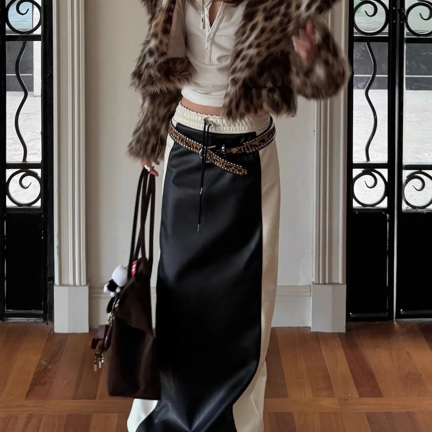 Lautaro Spring White and Black Patchwork Pu Leather Floor Length Straight Skirt Women with Back Slit Drawstring Elastic Waist