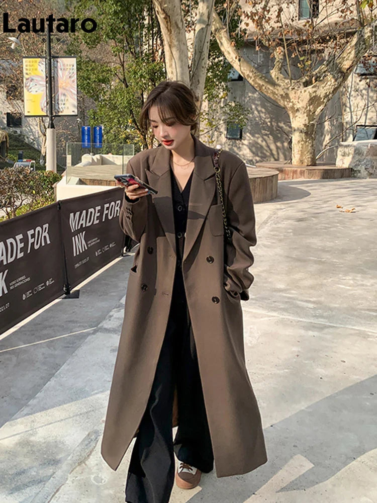 Autumn Long Coffee Flowy Blazer Coat Women with Back High Slit Double Breasted Loose Casual Korean Fashion Overcoat 2024