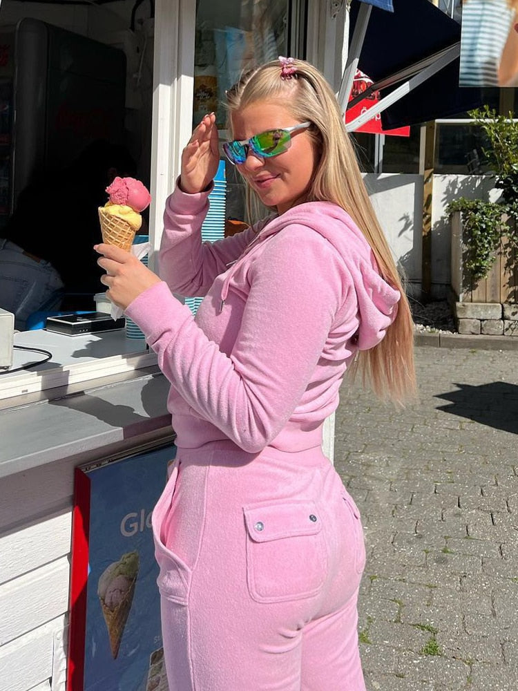 Women Autumn Winter Outfits Casual Zipper Sweater Hoodie Set High Waist Skinny Pants Suits Knitted Womens Y2k Two Piece Set pink