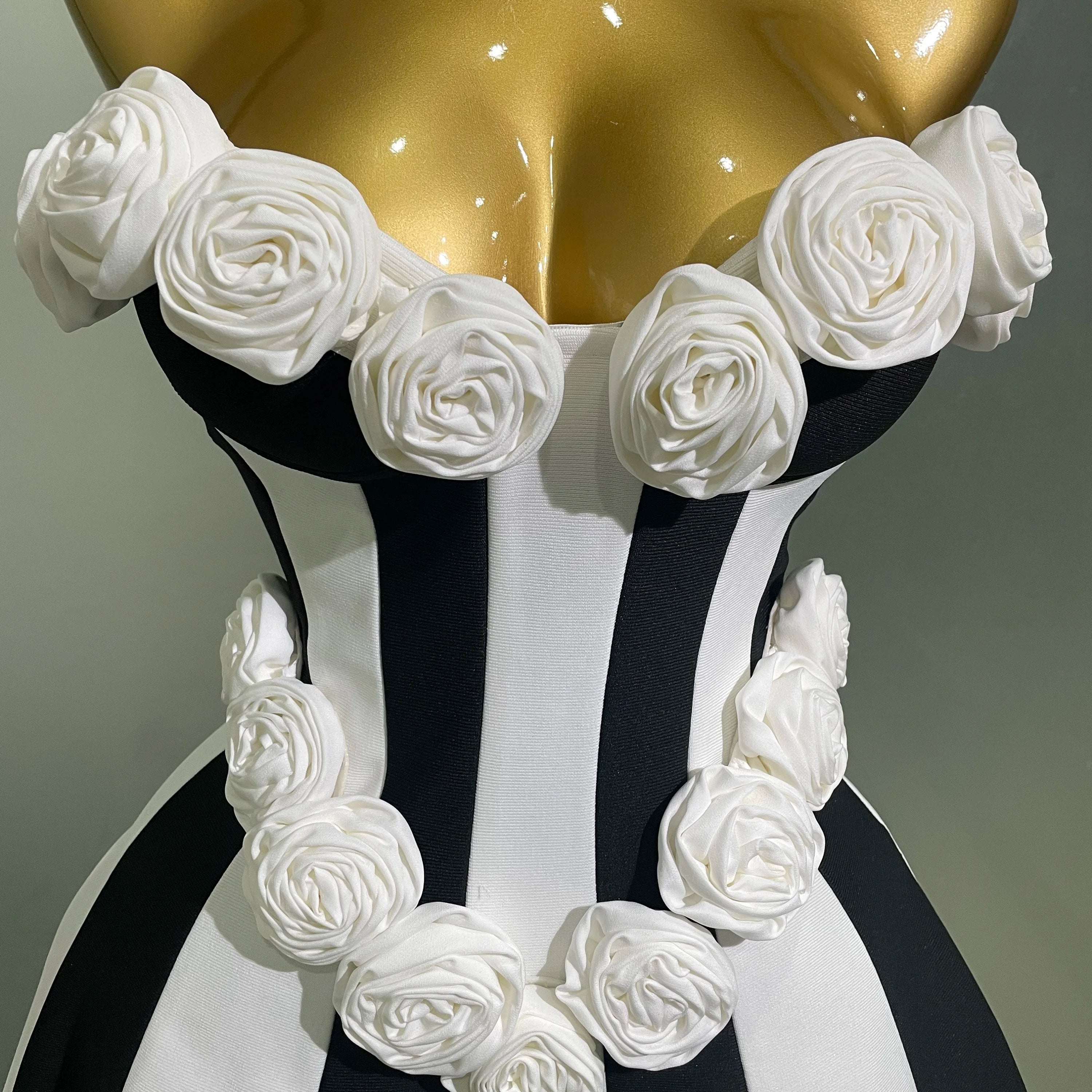 2025New Women Flower Decoration Strapless Black White Stripe Bandage Short Dress Cocktail Party Elegant Evening Club Party Dress