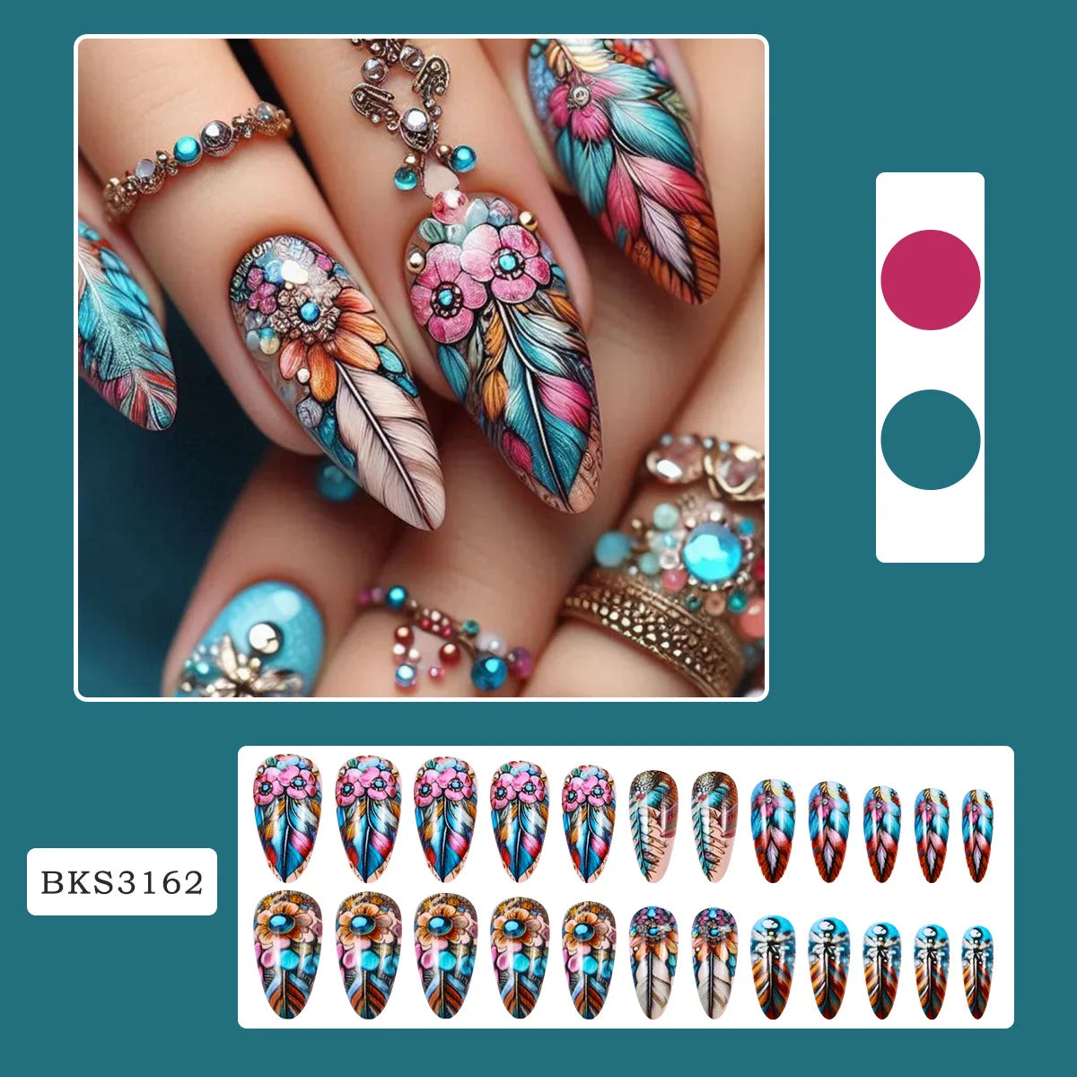 Colorful Feathers Press on Nails Diamond Fake Nails Set Floral Pattern Wearable Acrylic Nails Almond Press on Nail Tips