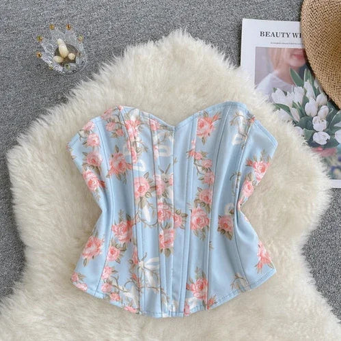 Women's Sexy Blended Camis Hot Sweet Print Solid Chest Wrap Elegant Irregulariity Floral Crop Top Holiday Single Breasted Tunics Blue