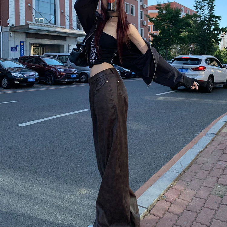 Spring Long Loose Casual Soft Distressed Brown Pu Leather Wide Leg Pants for Women High Waist Korean Style Fashion 2024