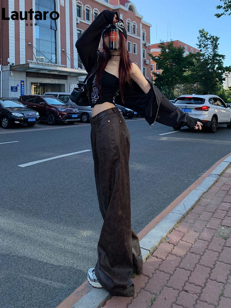 Spring Long Loose Casual Soft Distressed Brown Pu Leather Wide Leg Pants for Women High Waist Korean Style Fashion 2024